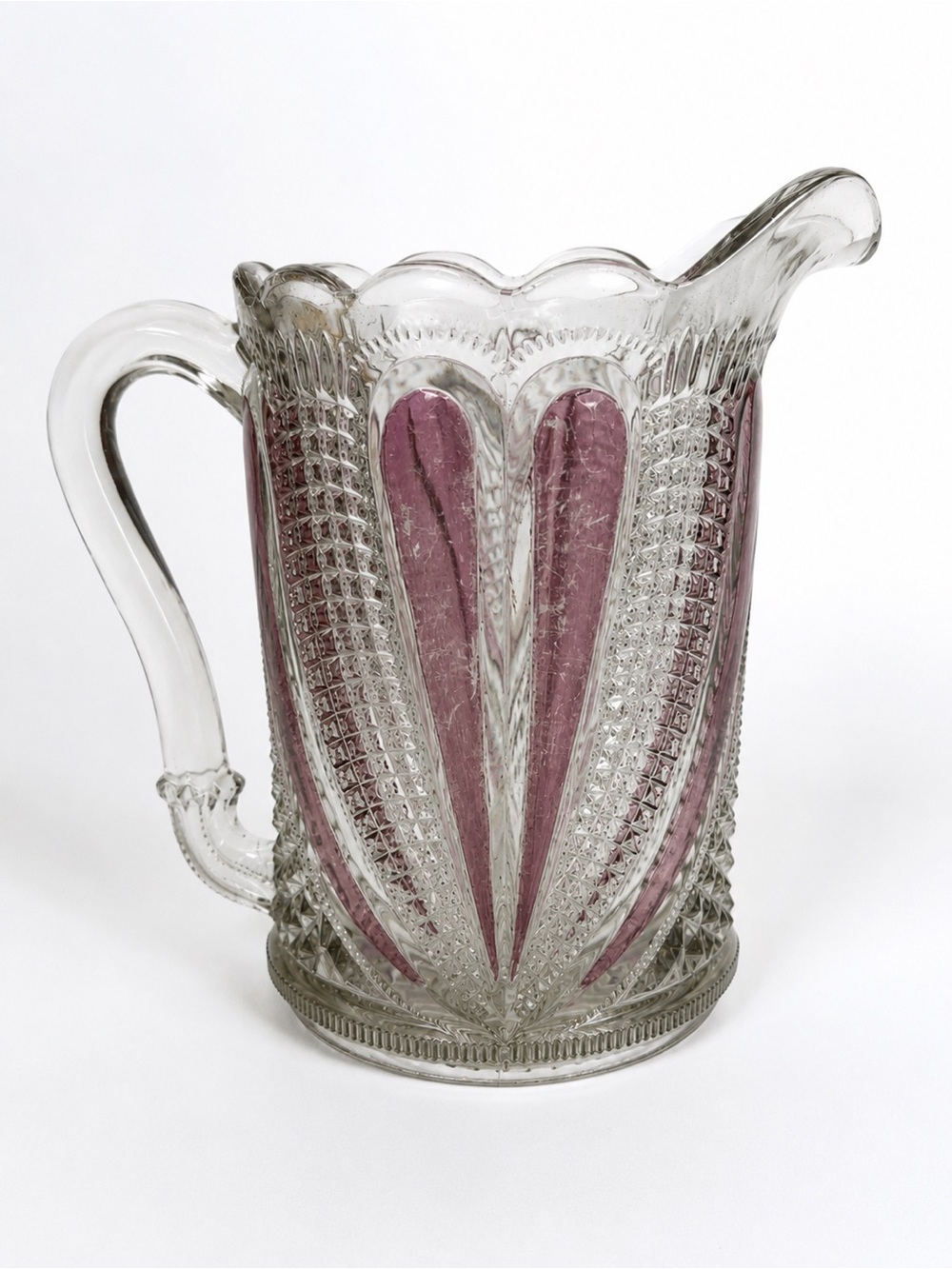 Antique ✨EAPG US Glass Blazing Heart Ruby Stained Water Pitcher c1900 Rare Find